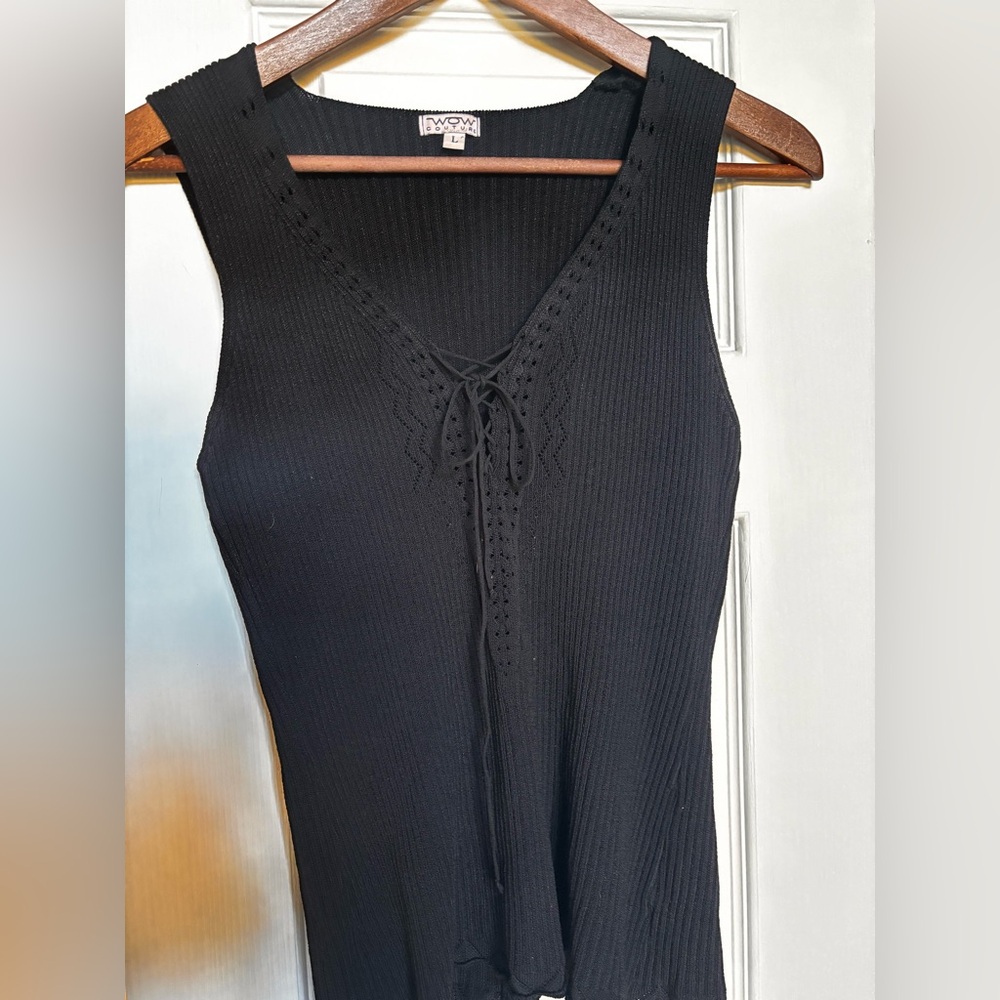 WOW Couture Black Ribbed Knit Lace-Up V-Neck Sleeveless Top Size L